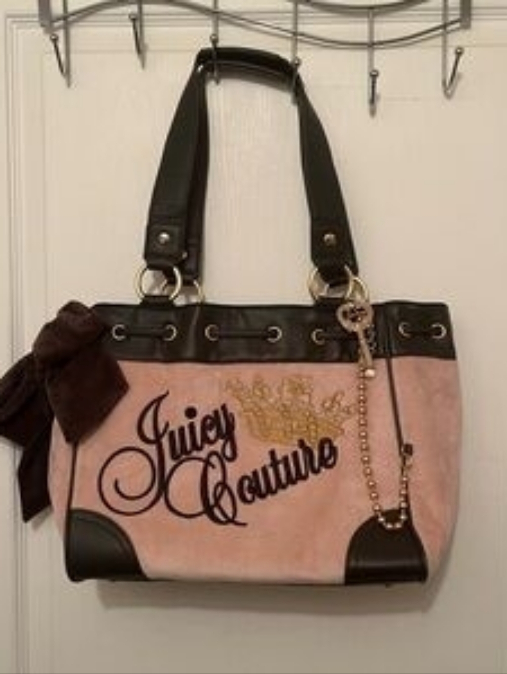 Juicy Couture Pink Velour Shoulder Bag with Black Trim